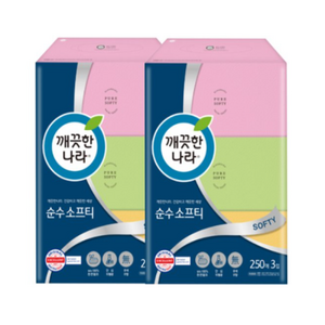 [파이브온] 깨끗한나라 순수 소프티 미용티슈 각티슈 250매 3개입 2팩, 18개