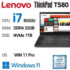 LENOVO 노트북 중고노트북 T580 인텔 8세대 i7-8550U 16GB 듀얼배터리, WIN11 Pro, 32GB, 1TB, 코어i7 8550U, 블랙