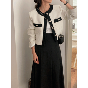 알리르 여성 봄 라운드넥 노카라 단추 버튼 포켓 배색 하객룩 클래식 긴팔 트위드 자켓