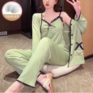 MHJINA 순면 3피스 잠옷 캡내장 빅사이즈 코튼 민소매 가디건 반팔 긴팔 간절기 파자마 홈웨어 세트