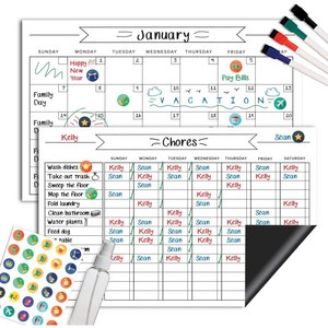 White Family Magnetic Calendar and Chore Chart Set - 11x17 - Dry Erase Whiteboard for Planning Boa, 1개, No option