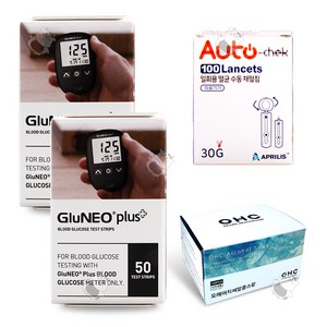 오상헬스케어 글루네오 플러스 혈당측정기 전용 검사지 100p + OHC 멸균 란셋 30G 100개입 + 에스엠클린스왑 100p, 1세트