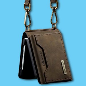 재미월드 Z플립5 프리미엄 힌지보호 수제 가죽 카드지갑케이스 [어깨끈제공}