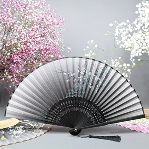 휴대용 접이식 부채 여성 실크 접이 부채 손부채 접는 접부채, 1.매화 블랙, 1개