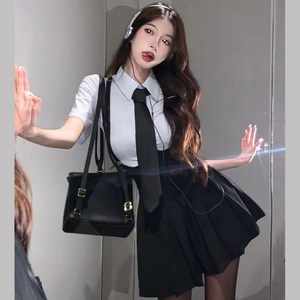 세계일주 여성 셔츠 슬림 교복 스타일 데이트 투피스 미니 원피스 세트 Women's dress