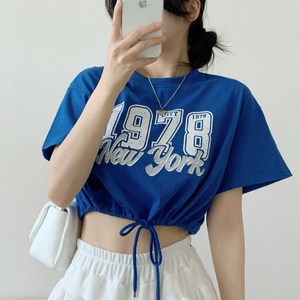 아비엘르 여성 크롭 레터링 스트링 반팔 티셔츠 흠뻑쇼 워터밤 페스티벌 축제 파랑티 블루티 일구칠팔