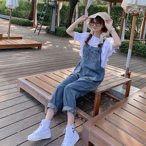 FANSYLI 데님 멜빵바지 여성 봄 가을 루즈핏 슬림 일자 9부 청바지 빅사이즈 데님 점프슈트 W2502F25