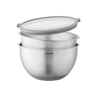 LocknLock 樂扣樂扣 不鏽鋼三合一附蓋調理碗組 CKB016, 不鏽鋼調理盆 24cm+濾水網+密封上蓋, 薄荷綠(CKB016), 1組