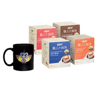 ucc 職人的珈琲 濾掛咖啡分享包, 典藏風味濾掛 6包 + 法式深焙濾掛 6包 + 炭燒咖啡濾掛 6包 + 柔和果香濾掛 6包 + wasangshow馬克杯 330ml, 1盒