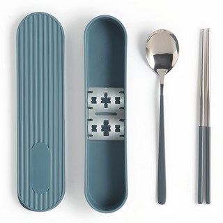 보니오 휴대용 도시락 수저 + 수저통 세트, 블루, 숟가락 + 젓가락 + 수저케이스, 1세트