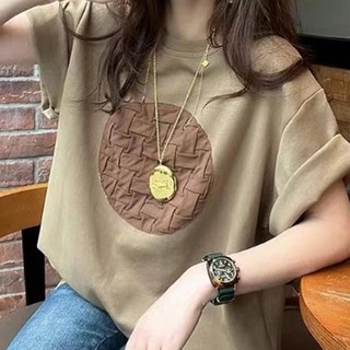 MeiChel 女款圓領卷邊袖印花寬鬆短袖T恤