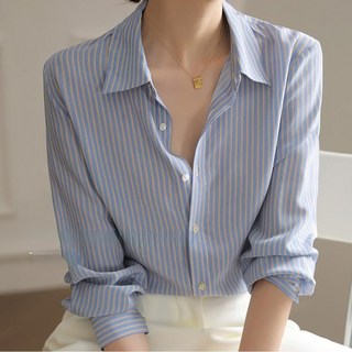 女款現代條紋長袖領襯衫 23145