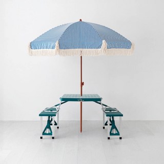 마켓비 캠폴 4인 야외 의자일체형 접이식테이블 + 로밀 테슬 파라솔 세트, 그린 + 블루스트라이프