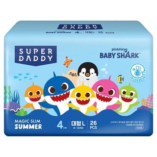 슈퍼대디 아기상어 매직슬림 썸머 팬티형 기저귀, 대형(L), 26매
