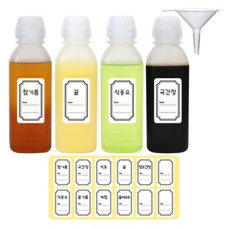 홈메이드 흐르지않는 깔끔 소스통 300ml x 4p + 깔대기 + 양념라벨 12p 세트, 1세트, 1200ml