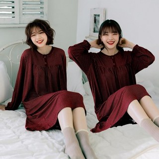 테라우드 여성용 피치기모 체크 파자마 원피스 2p