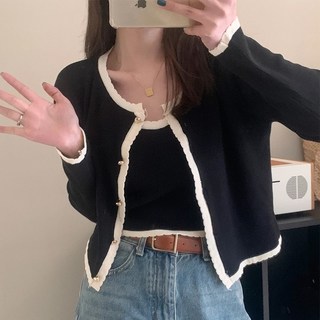 1 + 1甜美小香風針織套組, 春天套裝, 小外套胸寬40cm + 背心胸寬34cm, 黑色