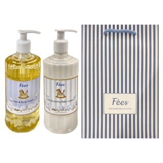 Fees BEBE 法緻 baby基礎護理組 柔護洗髮沐浴精 300ml + 嬰兒滋潤保濕乳液300ml 附提袋 棉花香味 1歲以上, 1組