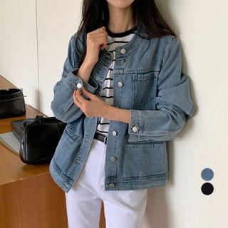 아피나르 여성용 루즈핏 노카라 데님 자켓