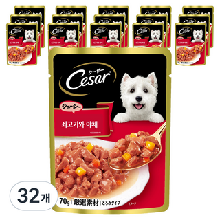 시저 1세 이상 강아지 주식파우치, 소+채소, 70g, 32개