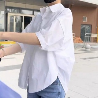 PEONIST 女款不對稱翻領短袖寬鬆襯衫