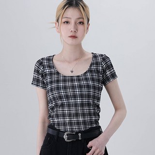 Awesomearound 女款大圓領格紋短袖T恤