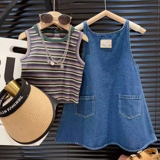 이유몽 여아용 니로엘 스트라이프 민소매 + 데님 레이어드 원피스 세트