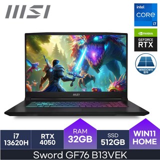 MSI Sword GF76 코어i7 인텔 13세대 지포스 RTX 4050, 블랙, 512GB, 32GB, WIN11 Home, GF76 B13VEK