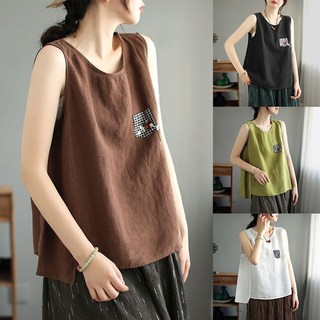 순면 여성 자수 라운드넥 민소매 티셔츠 캐주얼 이너 상의 여름 면마 나시티 데일리 심플 린넨나시 상의 마담의류 간절기