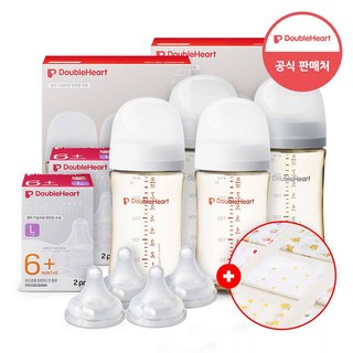 더블하트 모유실감 3세대 PPSU 젖병 트윈팩 1+1(베이직+모먼트)+젖꼭지 4개+손수건증정, 1세트, 240ml, 제뉴인화이트+새벽그레이+젖꼭지L