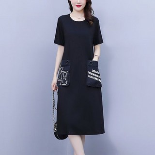 besteffie 여성 여름 심플 캐주얼 포켓 장식 반팔 면 원피스 루즈핏 빅사이즈 엄마룩 K87