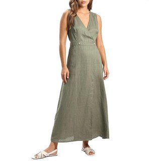 Amazhiyu 여성용 100% 리넨 여름 민소매 브이넥 랩 미디 드레스 캐주얼 아마 S