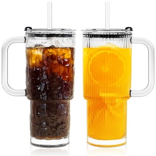 Westlion 대용량 손잡이 뚜껑 빨대 유리컵 750ml, 물결, 1개