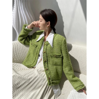 [당일 출고]**재고 없을시 쿠팡내 동일 상품명 검색** 빈티지 그린 트위드 자켓 루즈 피트 세련된 통근 스타일 여성 가을/겨울 새로운 탑 긴 소매 라운드 칼라