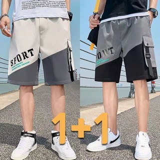 1+1 배색 5부 반바지 여름 얇은 통기 시원한 트레이닝 카고 반바지 루즈핏 캐주얼 남성 데일리룩