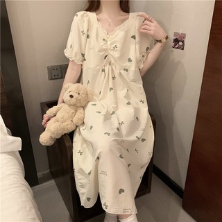[패드 포함]여성 냉감 잠옷 원피스 여름 반팔 슬립 여 러블리 리본 브이넥 홈웨어