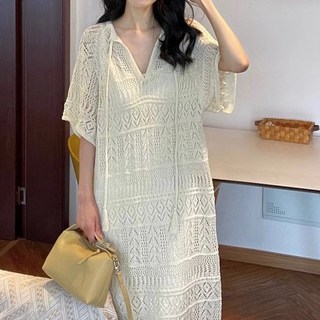 빅사이즈 펀칭 레이스 원피스 롱스커트 여성 봄 여름 루즈핏 캐주얼 롱 원피스