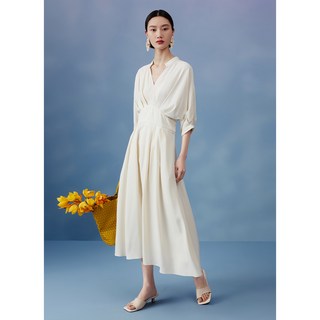 YUFH 여름원피스 오리지널 우아한 브이넥 플리츠 무지 휴양지원피스
