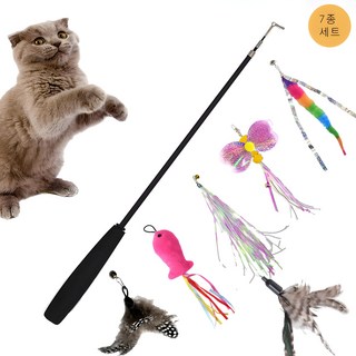 고양이 3단 낚시대 야옹이 깃털 장난감 7종세트 1세트 블랙 상품 이미지