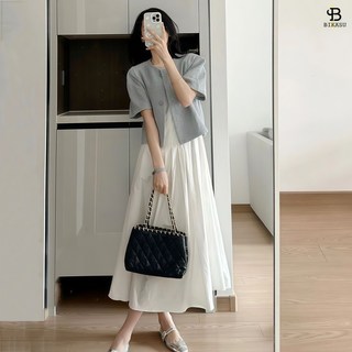 BIKASU 여성 캐주얼 반팔 자켓 + 민소매 롱원피스 하객룩
