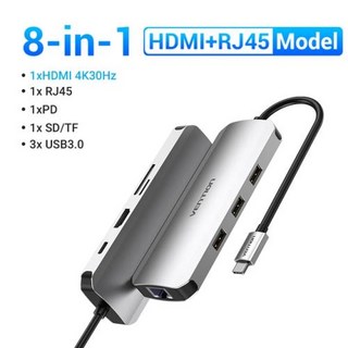 Vention USB 허브 4K HDMI 어댑터 8 in 1 스플리터 RJ45 USB 3.0 SD TF PD 100W 독 PC 맥북 프로 에어 M2 M1 USB C 허브용, 8-in-1 HDMI RJ45, 2) 8-in-1 HDMI RJ45, 1개