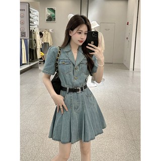 COSYEVNO 여름 데님 원피스 빈티지 벨트 포켓 플리츠 쇼트 스커트