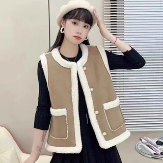 여성용 가을 겨울 무스탕 조끼 캐주얼 여자 램스울 조끼 코트 빈티지 루즈핏 여성 민소매 베스트 도톰 양털 조끼 LCC