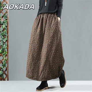 AOKADA 겨울스커트 문예 빈티지 면린넨 누빔 반스커트 두꺼운 프린트 보온 솜치마 중간 길이 여자 스커트