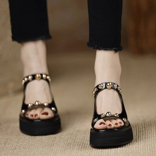WICK 가죽 소프트 키높이 샌들 여성 여름 일자 샌들 굽 8cm 5825