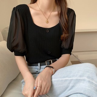수엠W 여성 크롭 스퀘어넥 쉬폰 반팔 S078 마들렌