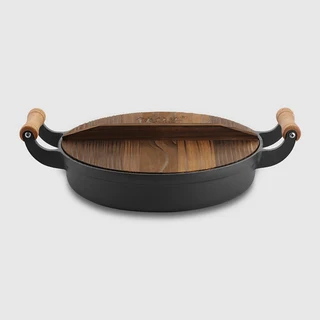 Thiened 주철 플랫 보트 팬 Non-Sti 코팅되지 않은 팬케이크 냄비 만두 er Double Ear Cooking Utensil, 03 33cm pot   fir wood