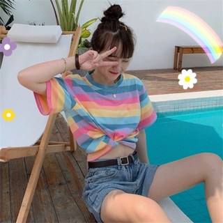 레인보우 스트라이프 티셔츠 여성용 반팔