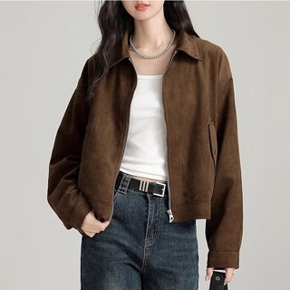 ORZQU 봄가을 여성 캐주얼 칼라넥 시크 숏 스웨이드자켓