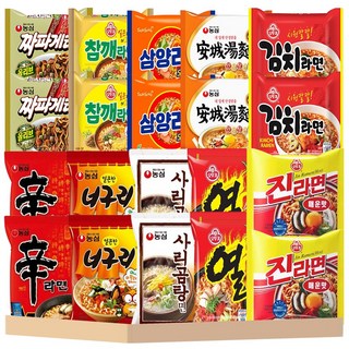 [안녕골목마켓] 봉지라면 10종 각2개 세트 짜파게티 안성탕면 참깨라면 삼양라면 김치라면 신라면 얼큰너구리 진라면 매운맛 사리곰탕면 열라면 총 20개 + 비빔장 소스, 1세트